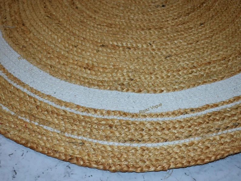 Jute (Natural and Bleached Jute) Handmade Braided Oval Shaped Rugs | Natural & White Double Border Jute Area Rug | Avioni- Premium Collection
