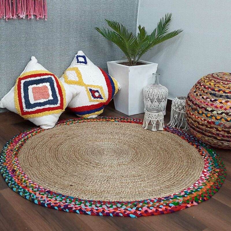 Jute And Cotton Chindi Border Carpets – Braided Area Rugs – Round Rug Handmade – Avioni