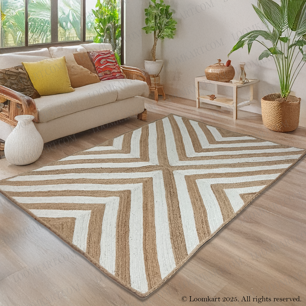 Jute (Natural and Bleached Jute) Handmade Braided Rugs | Natural & White Jute Zig-Zag Area Rug | Avioni- Premium Collection