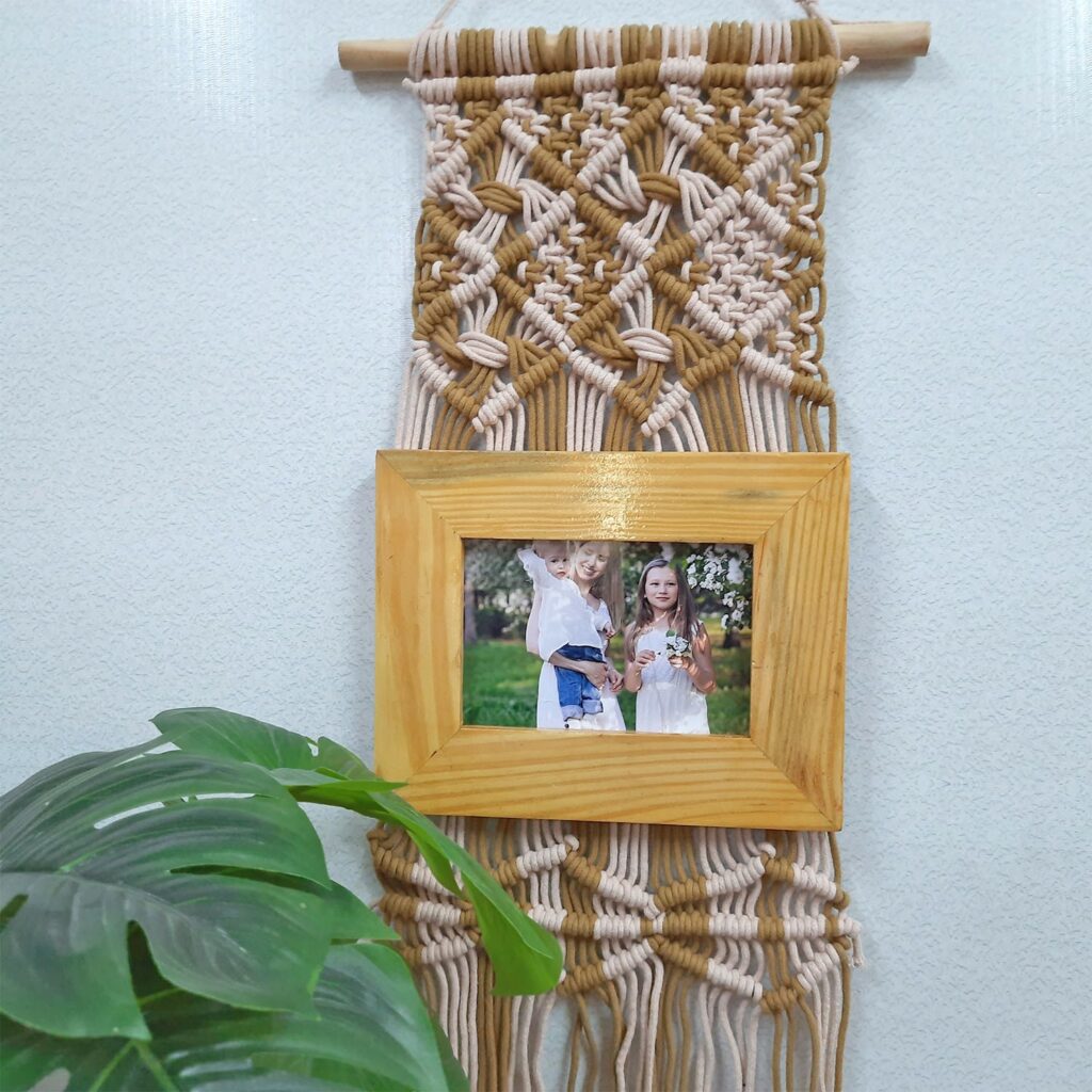 Avioni Home Boho Collection – Beautifully Hand Knotted Coloured Macrame Hanging With 21×25 Cms (8×10 Inch) Pine wood