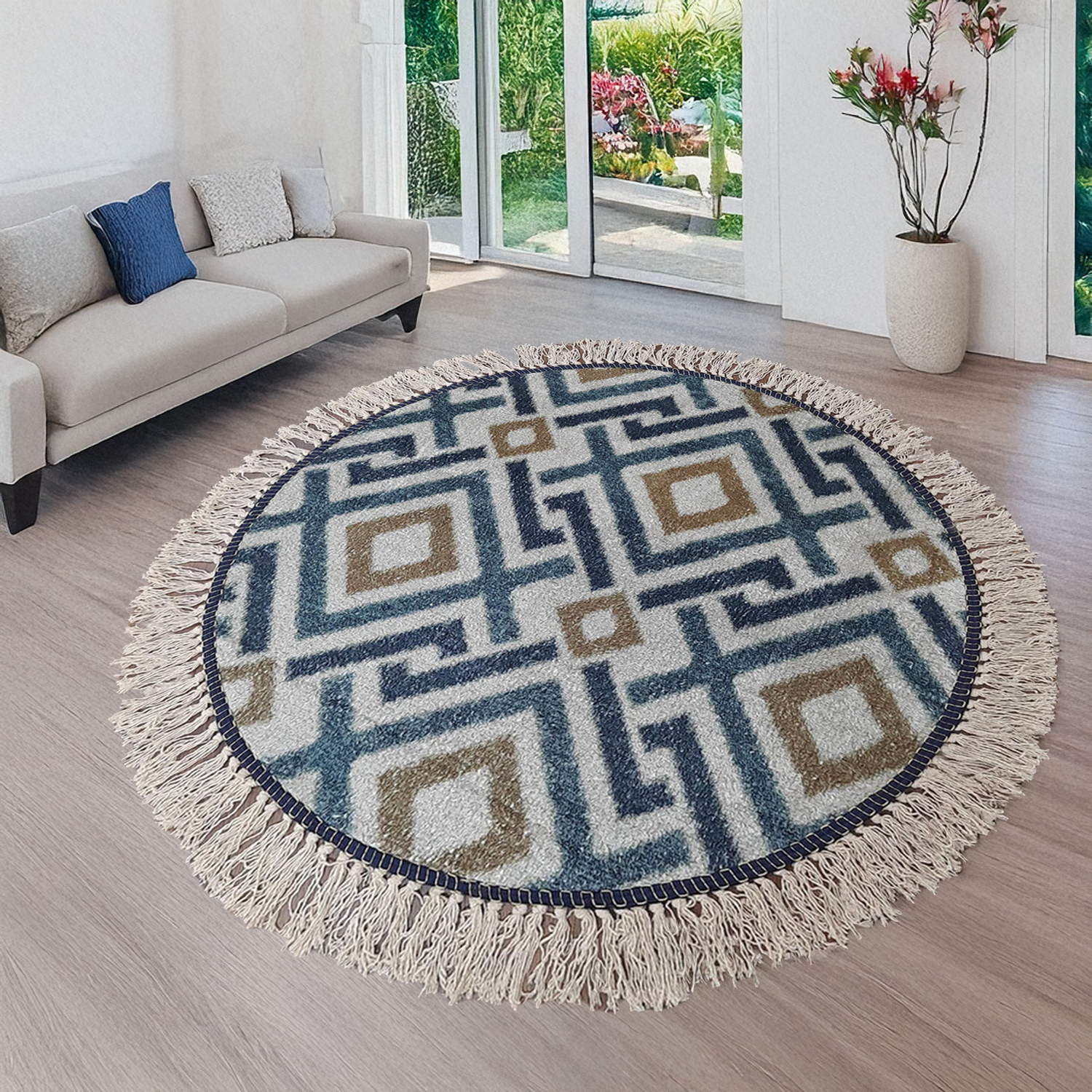 Avioni Kids Faux Silk Carpet – Contemporary Round Rug – Geometric Blue Copper Pattern