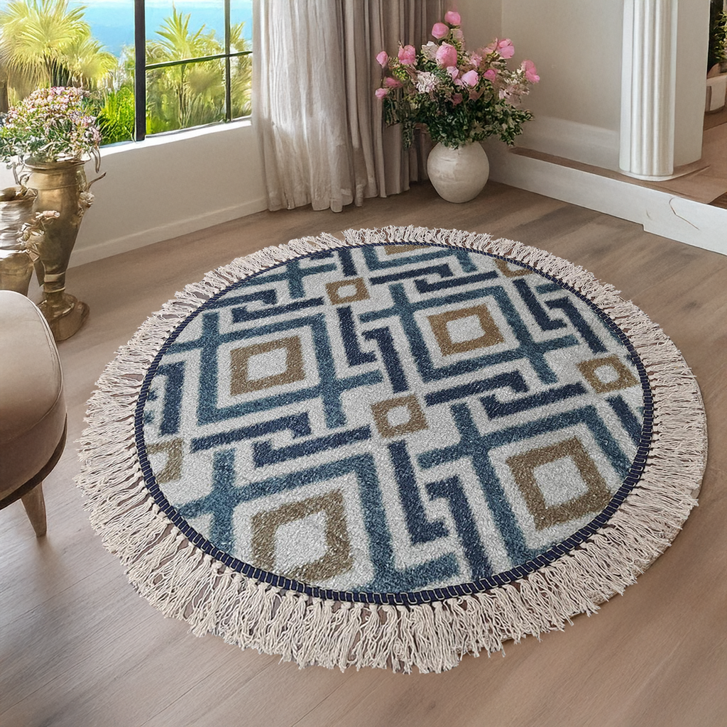 Avioni Kids Faux Silk Carpet – Contemporary Round Rug – Geometric Blue Copper Pattern