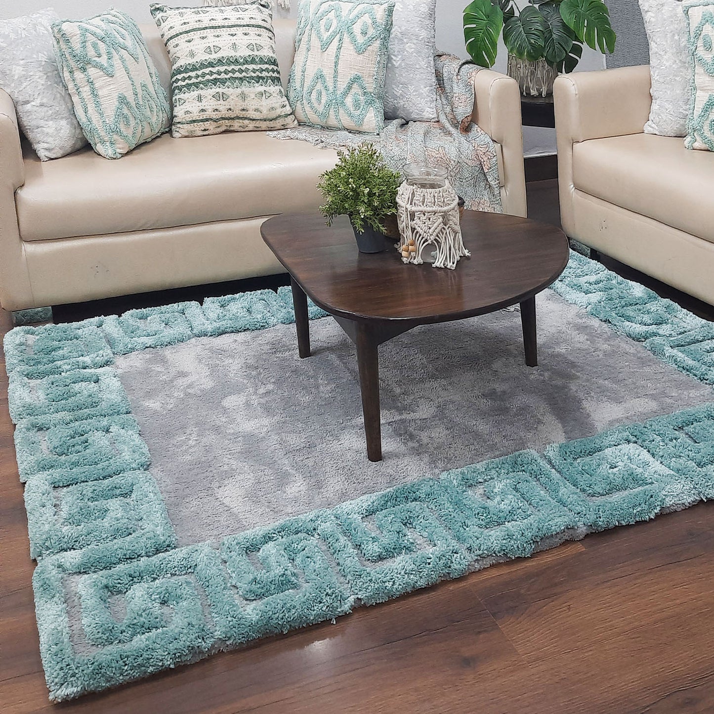 Avioni Atlas Collection- Micro Grey with 3D Aqua Designer Border -Different Sizes Shaggy Fluffy Rugs and Carpet for Living Room