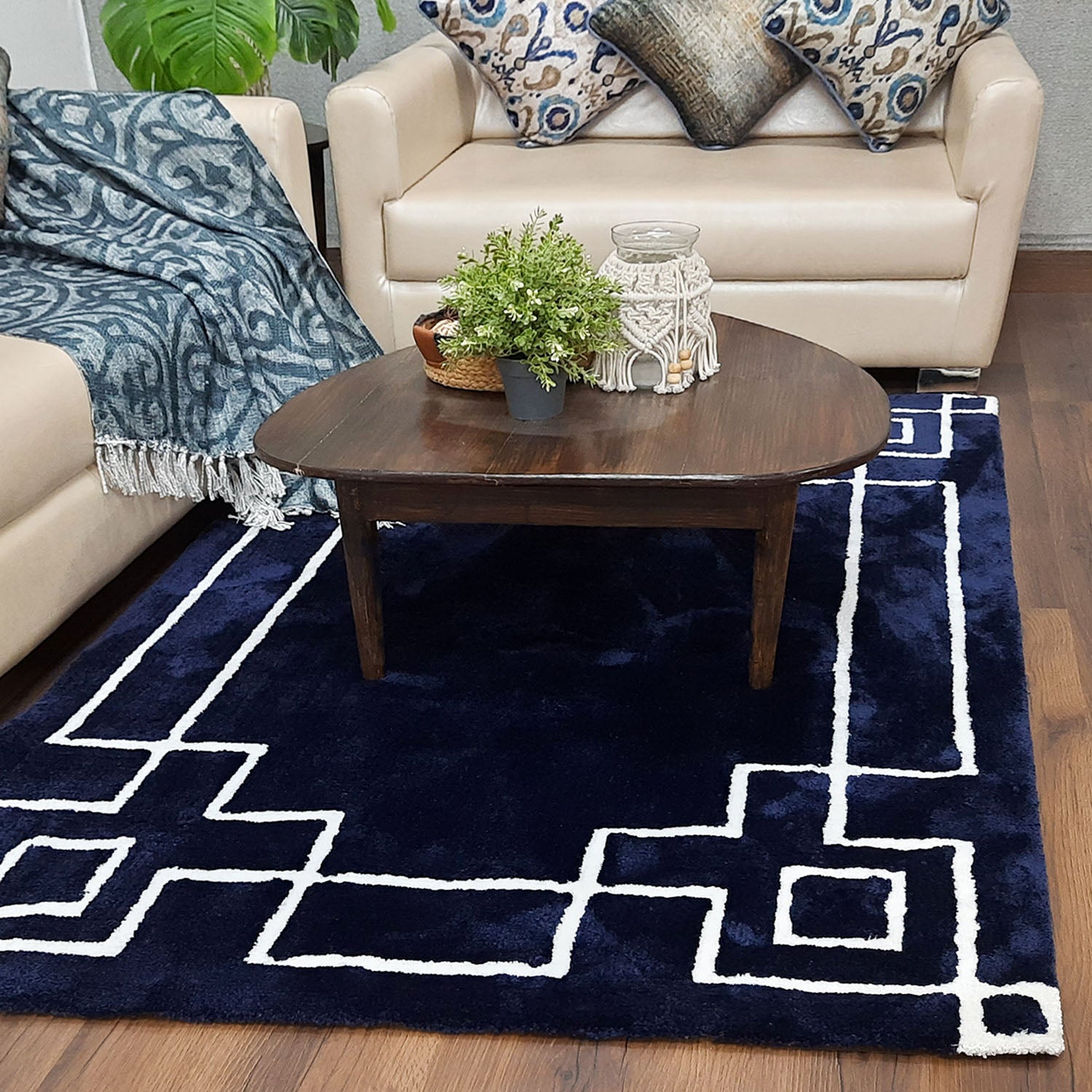 Avioni Atlas Collection- Navy Blue/White -Different Sizes Shaggy Fluffy Rugs and Carpet for Living Room