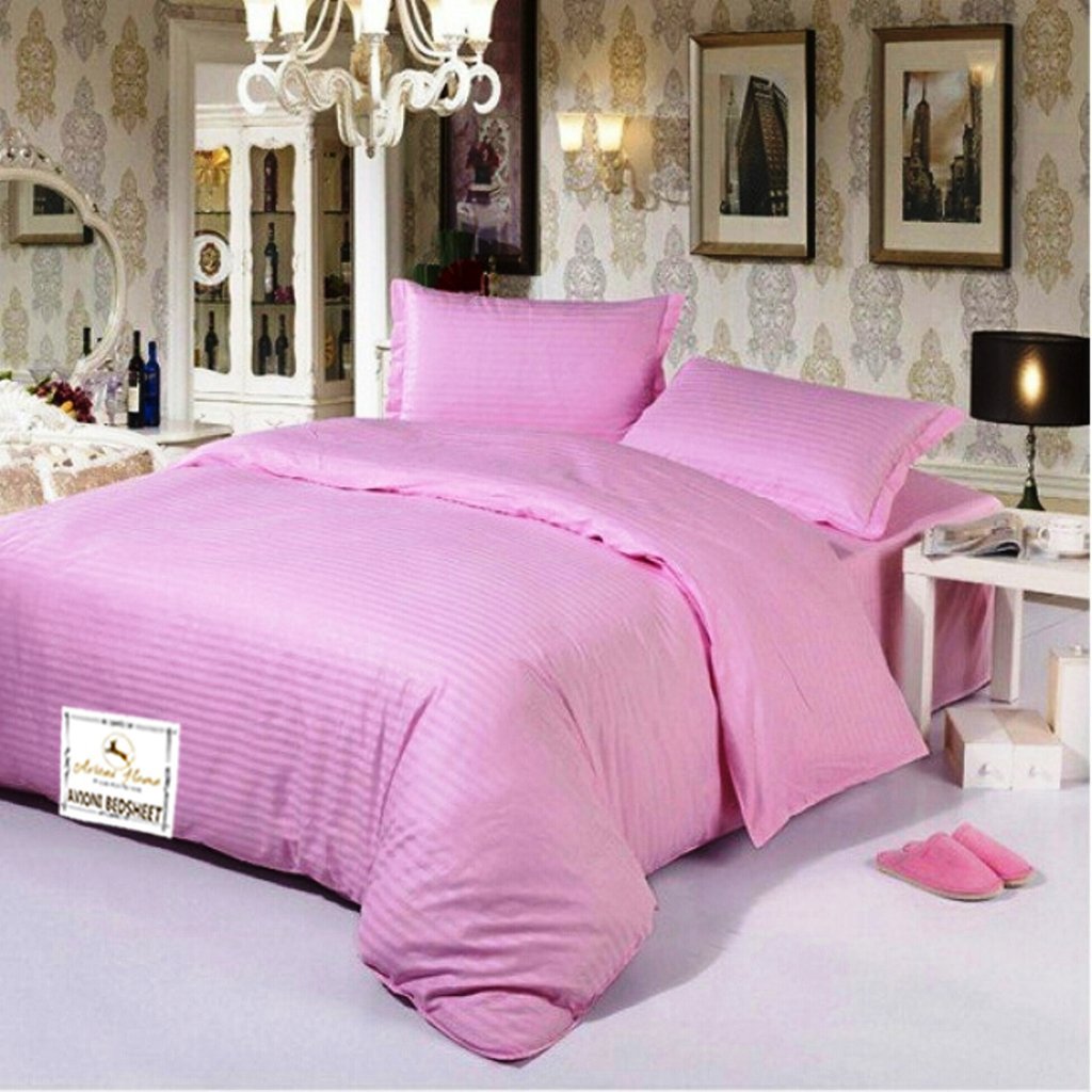 Double Bed Sheet 100% Cotton 200 TC Plain Satin Stripes in Pink In Avioni Packing-225cm x 250cm