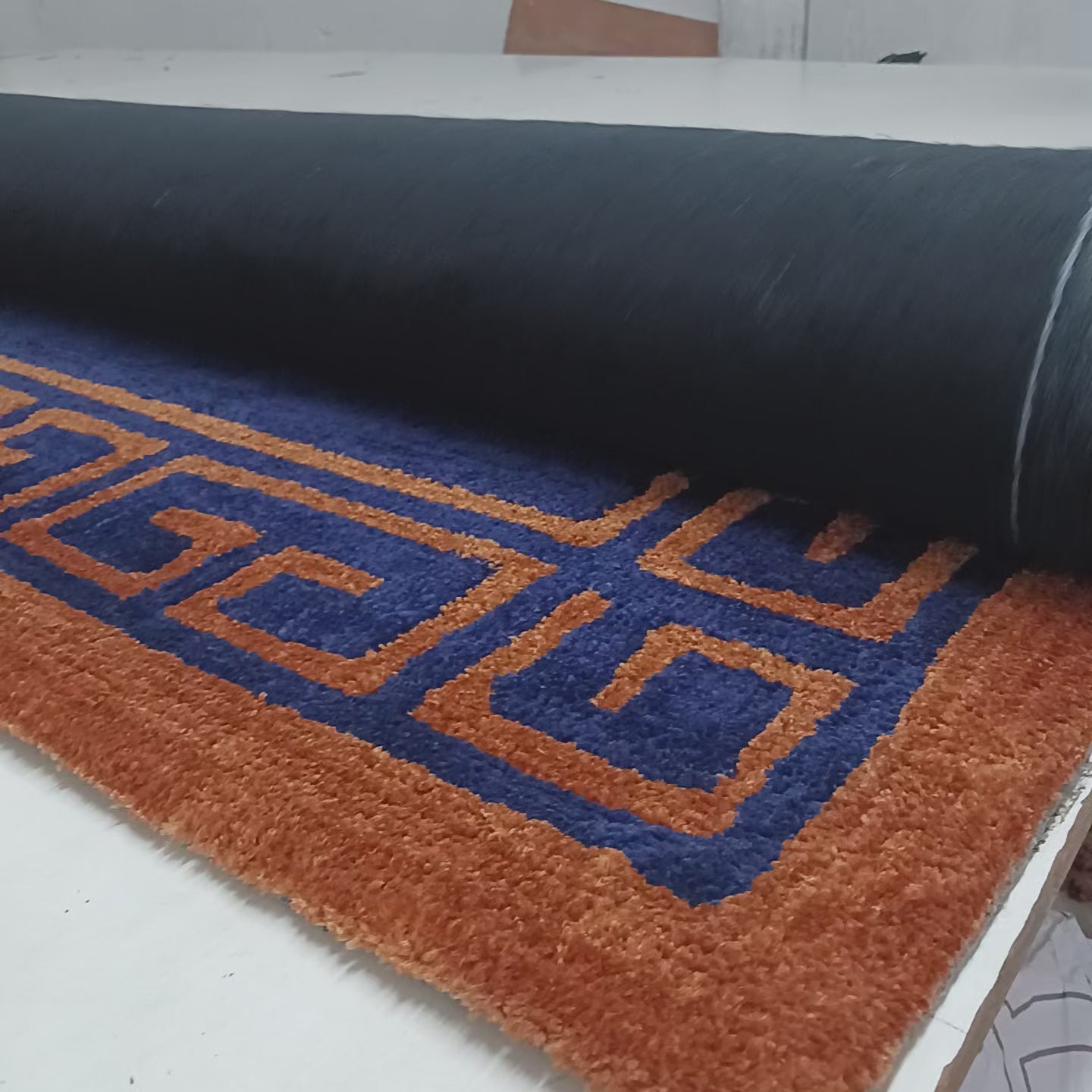 Avioni Luxury Collection- Plush Luxury Navy Blue and Golden Mustard Carpet with Greek Border Design -Different Sizes- Carpet for Living Room