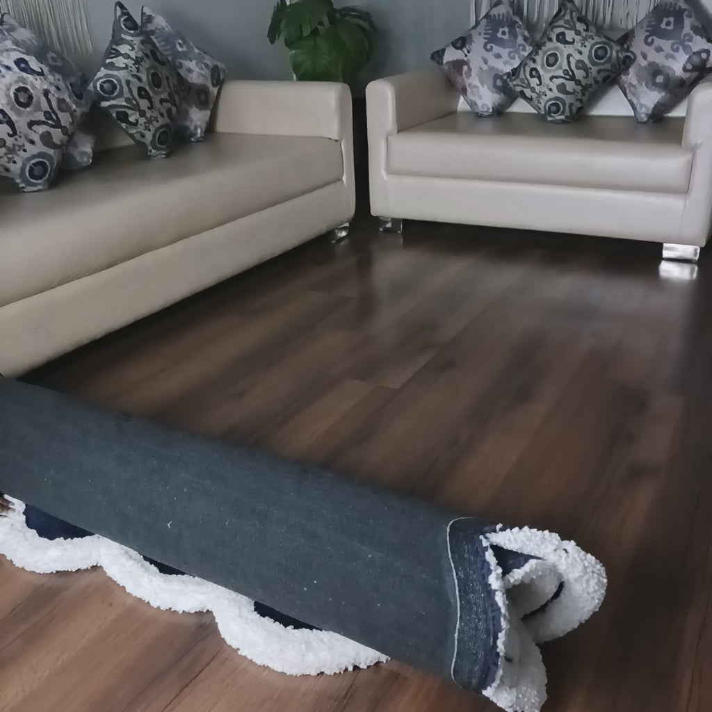 Avioni Luxury Collection- Plush Luxury Navy and White 3D Floral Border Carpet for Living / Bed Room