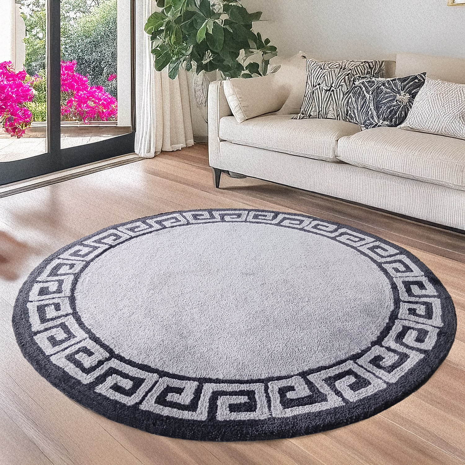 Avioni Home Atlas Collection - Greek Style Microfiber Round Carpet In Light and Dark Grey | Soft, Non-Slip, Easy to Clean