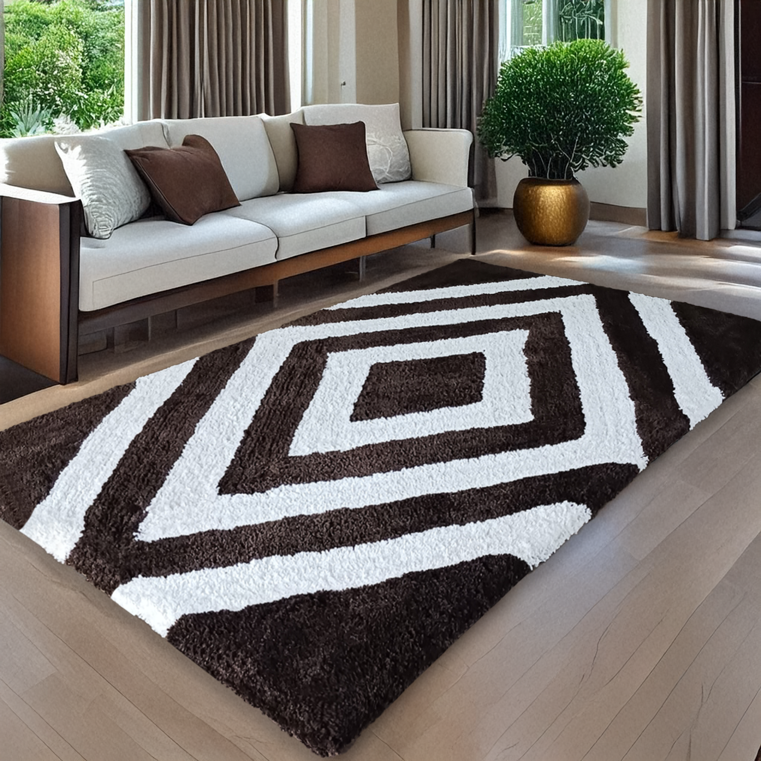 Avioni Home Atlas Collection - Moroccan Style Microfiber Carpet In  Dark Coffee & White| Soft, Non-Slip, Easy to Clean