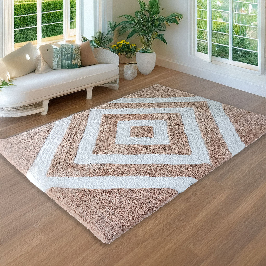 Avioni Home Atlas Collection - Moroccan Style Microfiber Carpet In Beige and White | Soft, Non-Slip, Easy to Clean