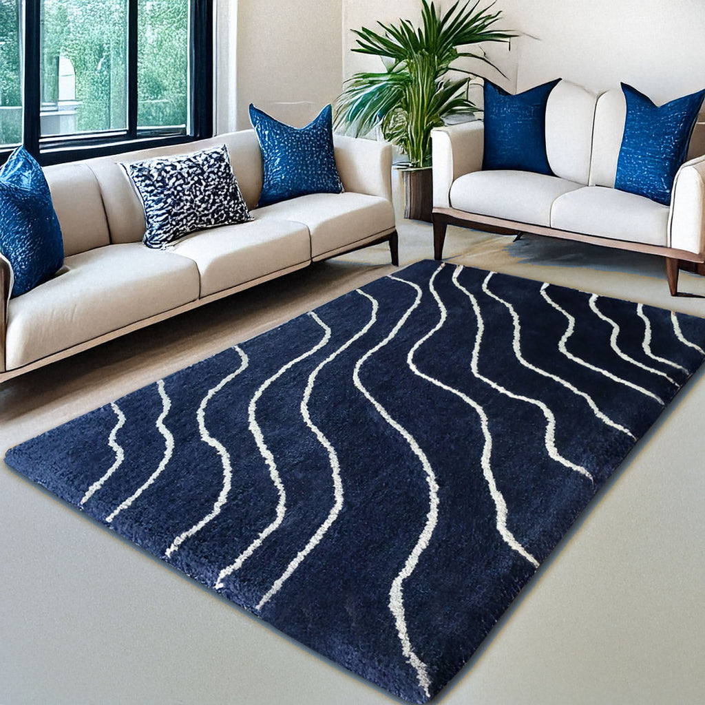 Avioni Home Atlas Collection - Plush Soft Washable Wave Design Carpet In Navy Blue & White| Soft, Carpet Backing, Easy to Clean