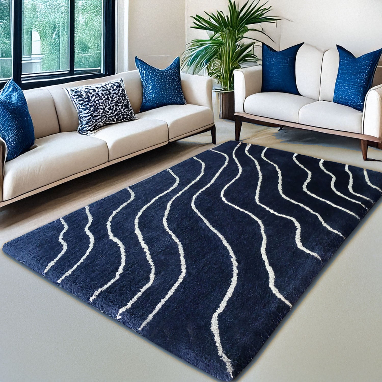 Avioni Home Atlas Collection - Plush Soft Washable Wave Design Carpet In Navy Blue & White| Soft, Carpet Backing, Easy to Clean