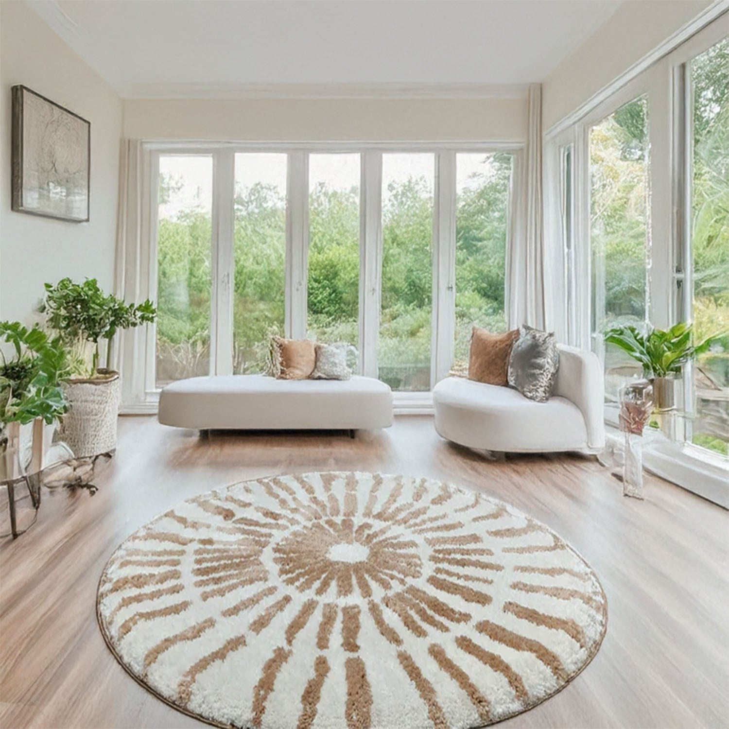 Avioni Home Atlas Collection - Moroccan Style Microfiber Round Carpet In Beige & White| Soft, Non-Slip, Easy to Clean