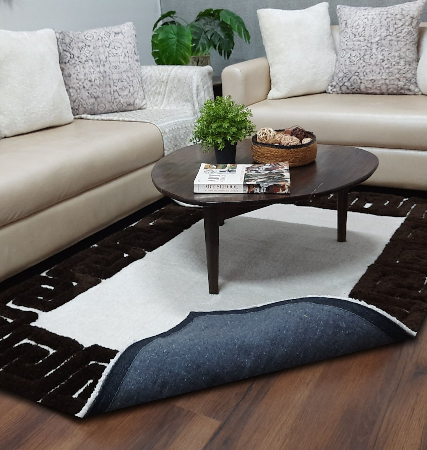 Avioni Atlas Collection- Micro White with 3D Dark Coffee Designer Border -Different Sizes Shaggy Fluffy Rugs and Carpet for Living Room