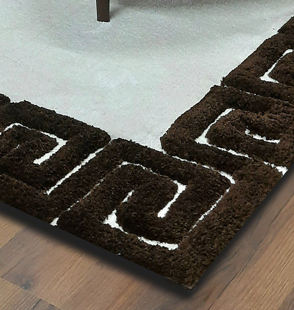 Avioni Atlas Collection- Micro White with 3D Dark Coffee Designer Border -Different Sizes Shaggy Fluffy Rugs and Carpet for Living Room