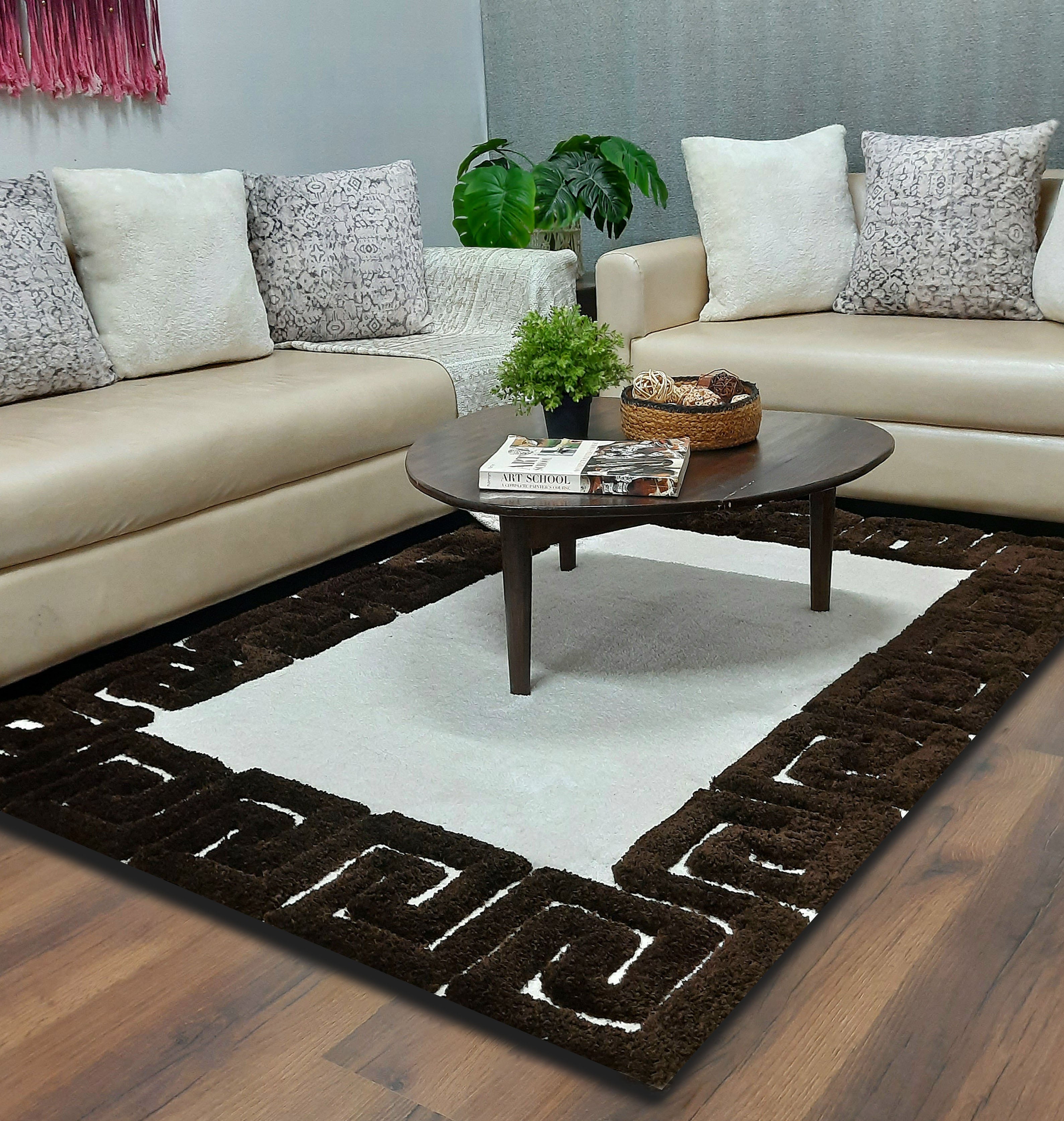 Avioni Atlas Collection- Micro White with 3D Dark Coffee Designer Border -Different Sizes Shaggy Fluffy Rugs and Carpet for Living Room