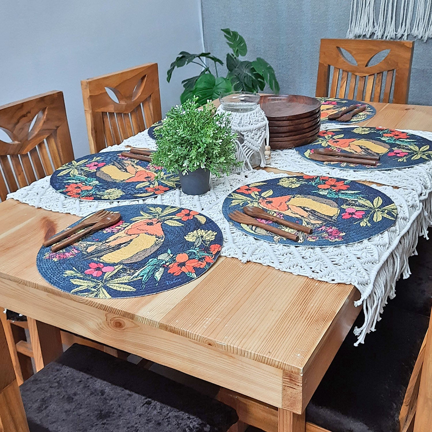 All Natural Round Cotton Braided Mats- “Natura Collection By Avioni”-Washable-Bird On Branch-Good for Gifting (38 cms Diameter)