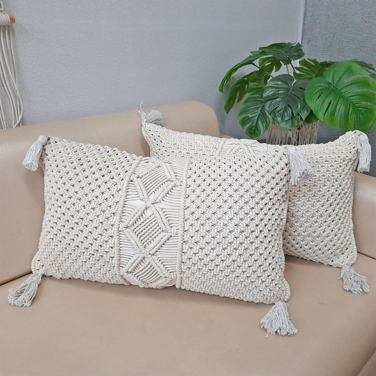 Bohemian Style Hand Knotted Macrame Cushion Covers 100% Bleached Cotton- 16X24 Inch (~40×60 cms) -Set of Two