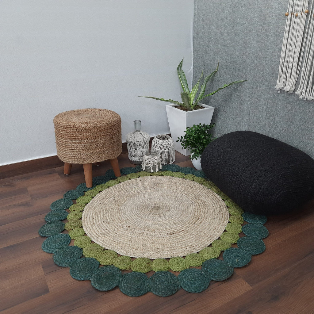 Avioni Braided Round Shaped Flower Look Rug In Greenish Shade- 120cm (~4 Feet)