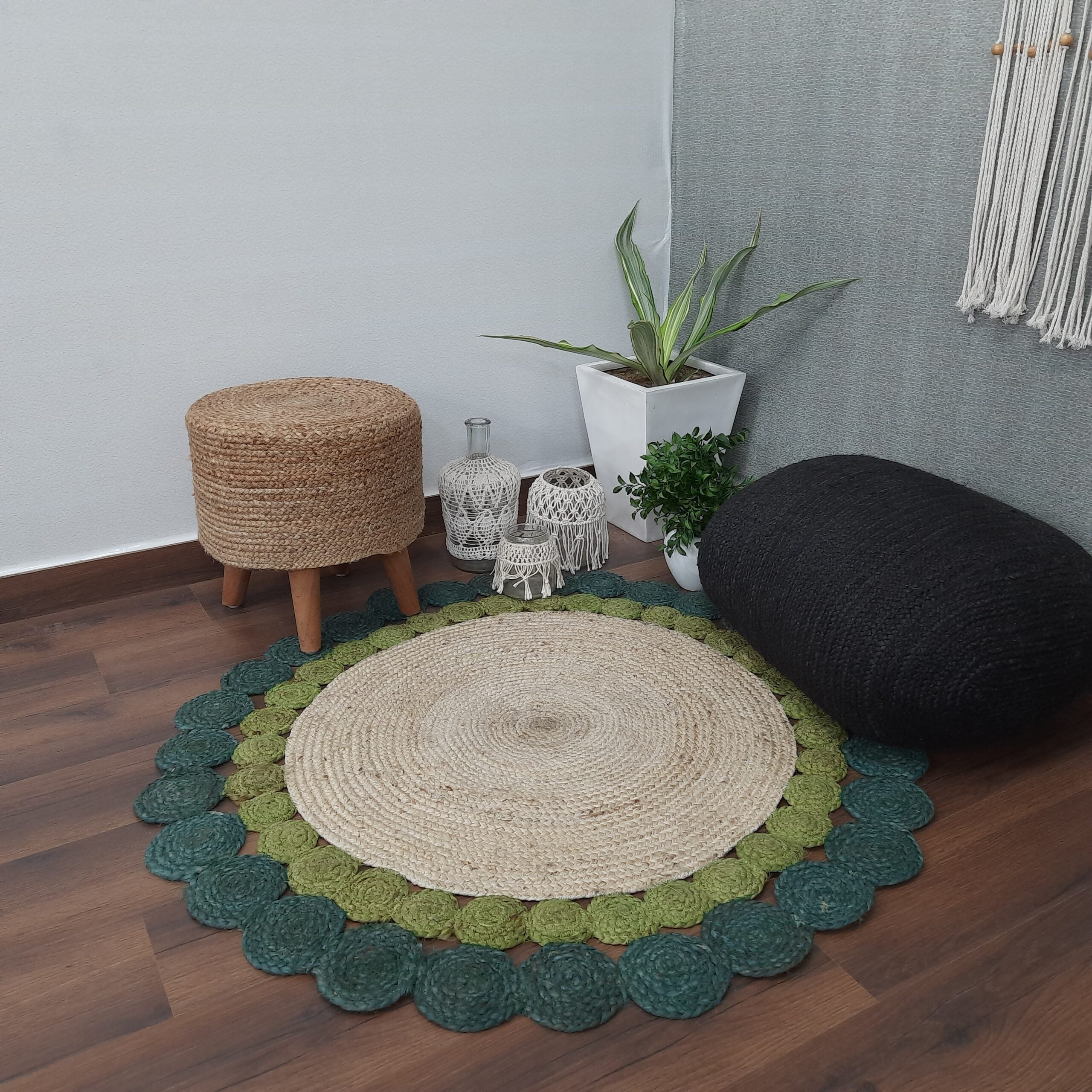 Avioni Braided Round Shaped Flower Look Rug In Greenish Shade- 120cm (~4 Feet)