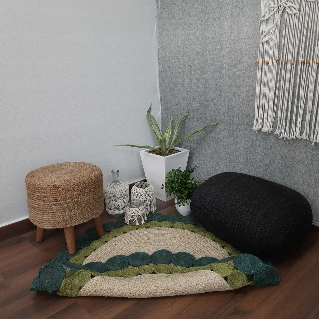 Avioni Braided Round Shaped Flower Look Rug In Greenish Shade- 120cm (~4 Feet)