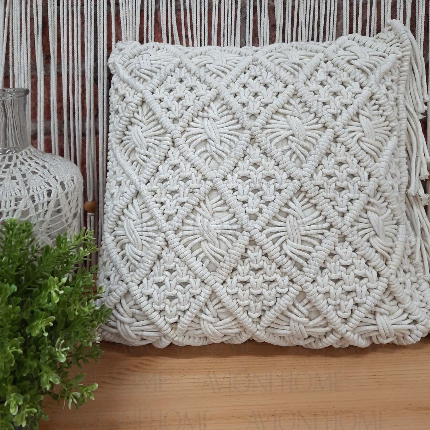 Bohemian Style Hand Knotted Macrame Cushion 100% Bleached Cotton With Filler- 18X18 Inch (45×45 cms)