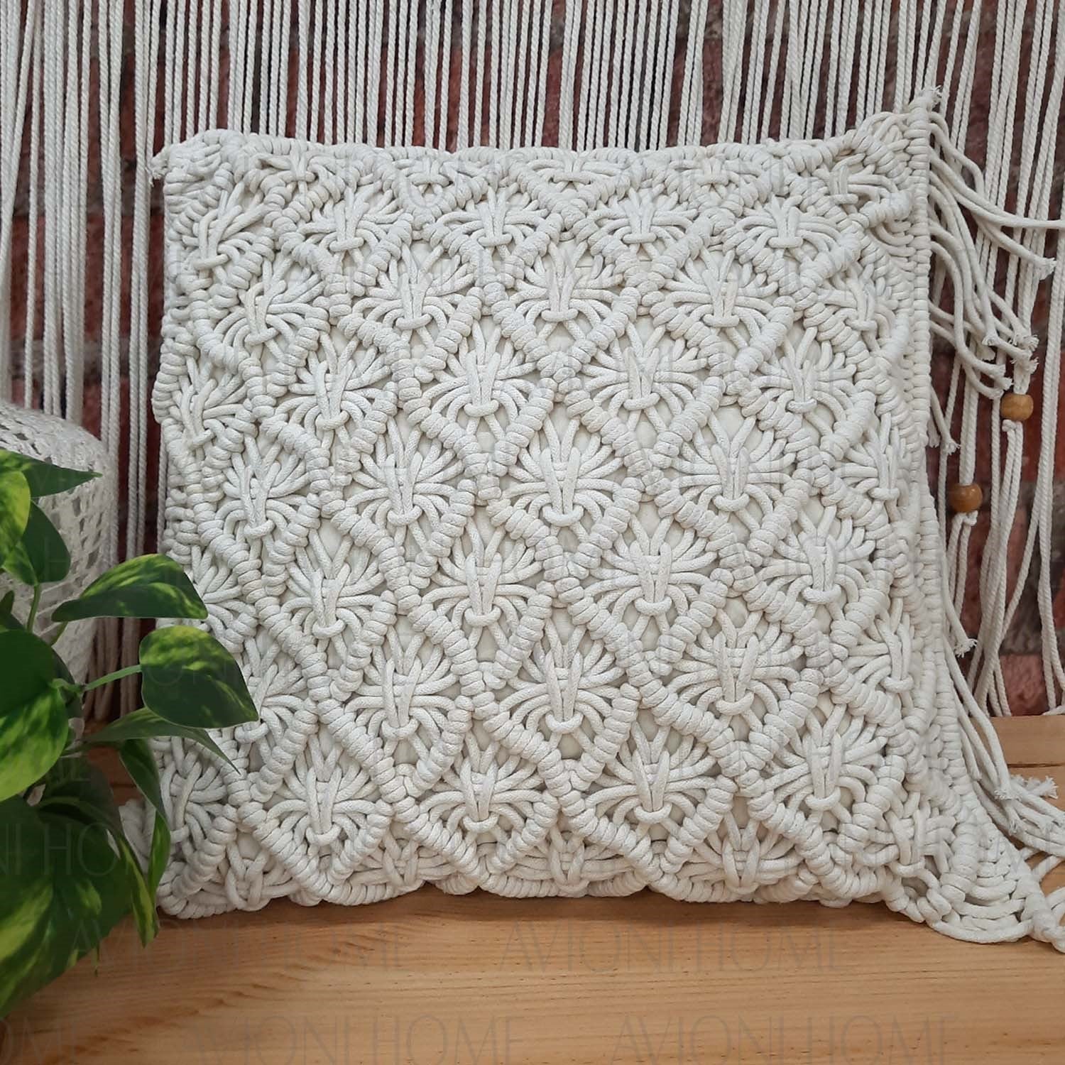 Bohemian Style Hand Knotted Macrame Cushion 100% Bleached Cotton With Filler- 18X18 Inch (45×45 cms)