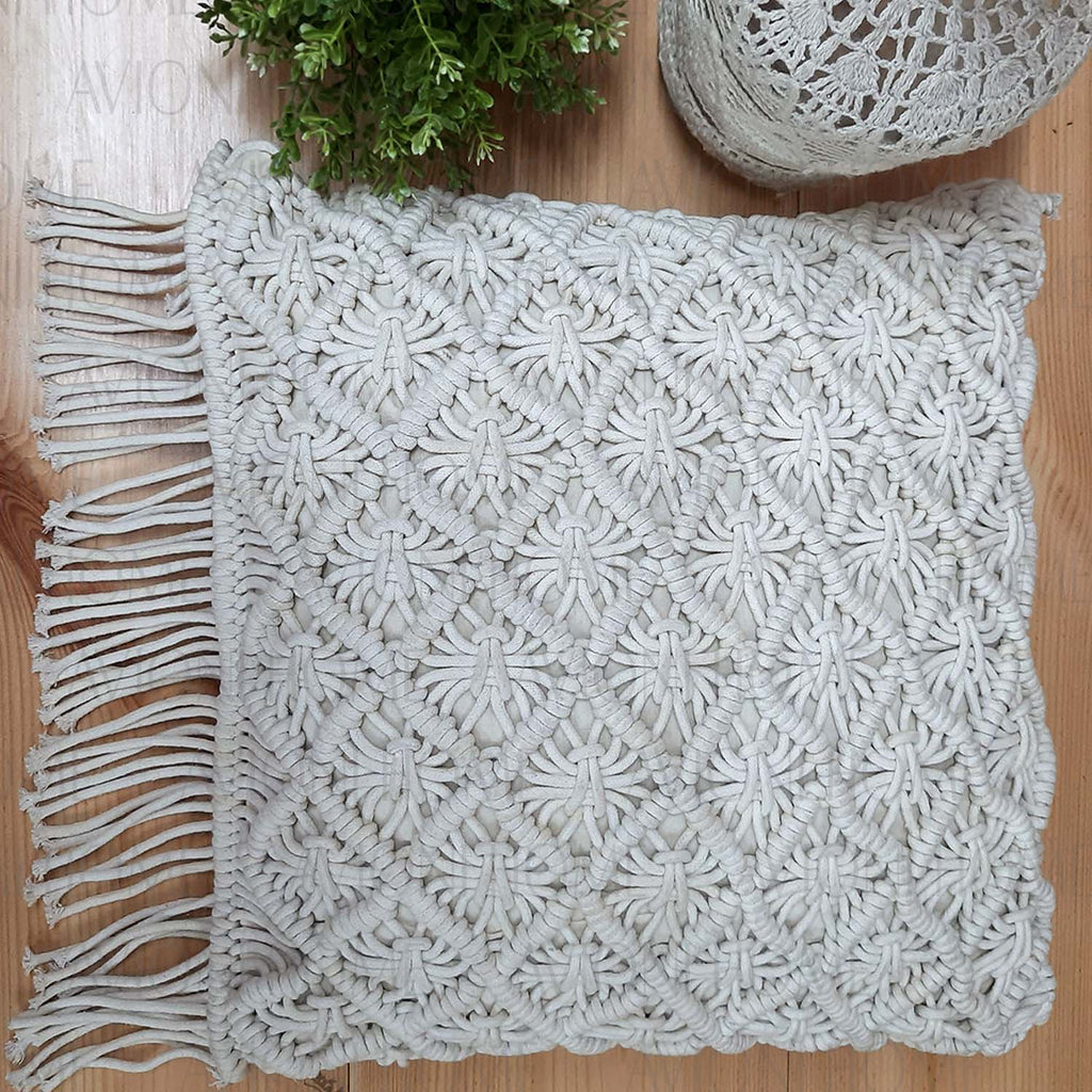 Bohemian Style Hand Knotted Macrame Cushion 100% Bleached Cotton With Filler- 18X18 Inch (45×45 cms)