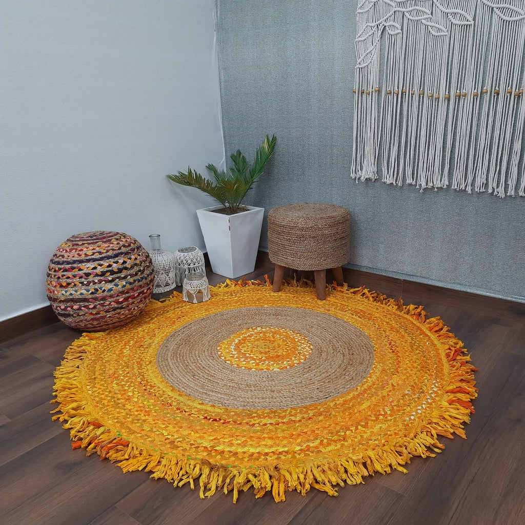 Avioni Home Eco Collection – Handmade Recycled Jute & Cotton Braided Carpet – Yellow Contemporary Eco-friendly