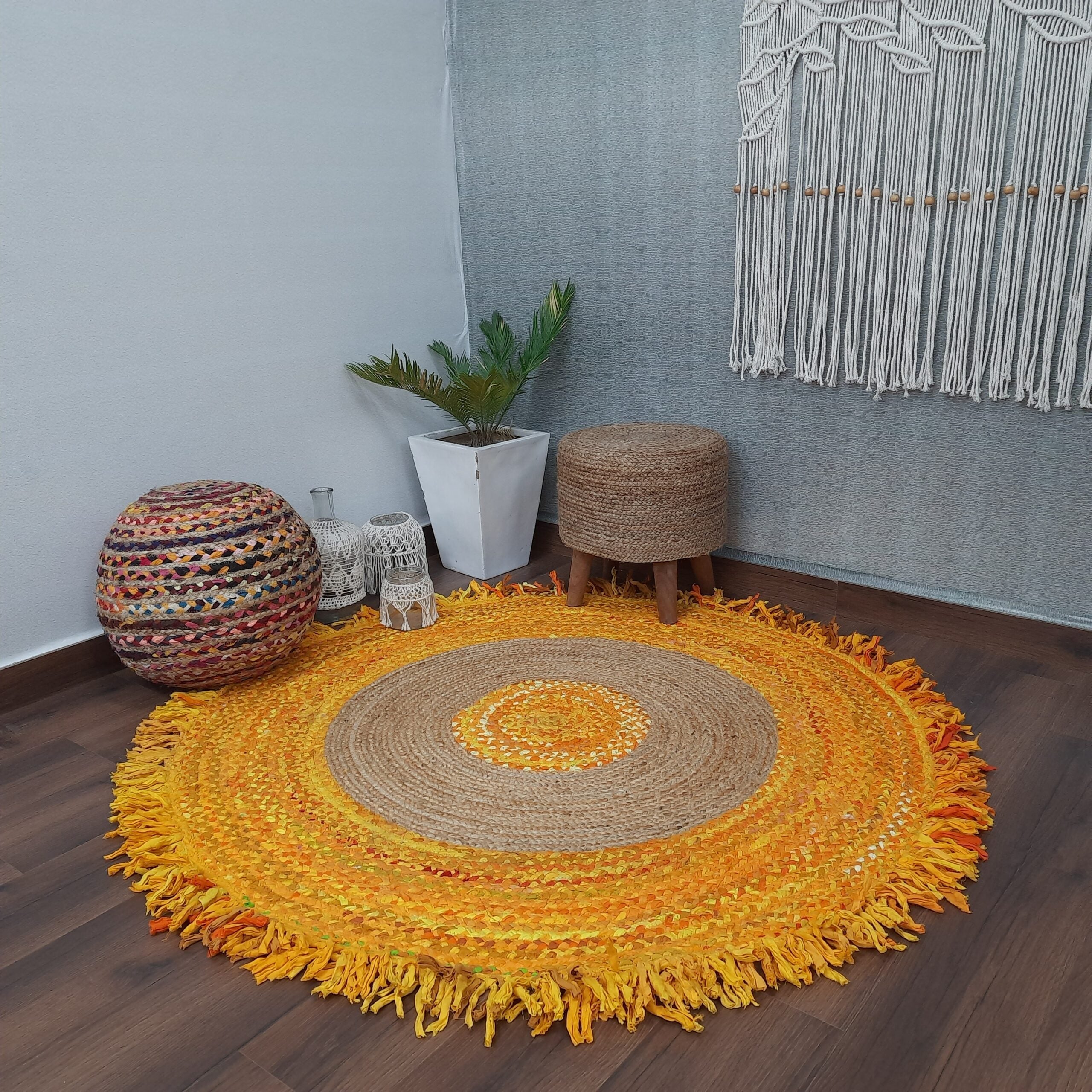 Avioni Home Eco Collection – Handmade Recycled Jute & Cotton Braided Carpet – Yellow Contemporary Eco-friendly