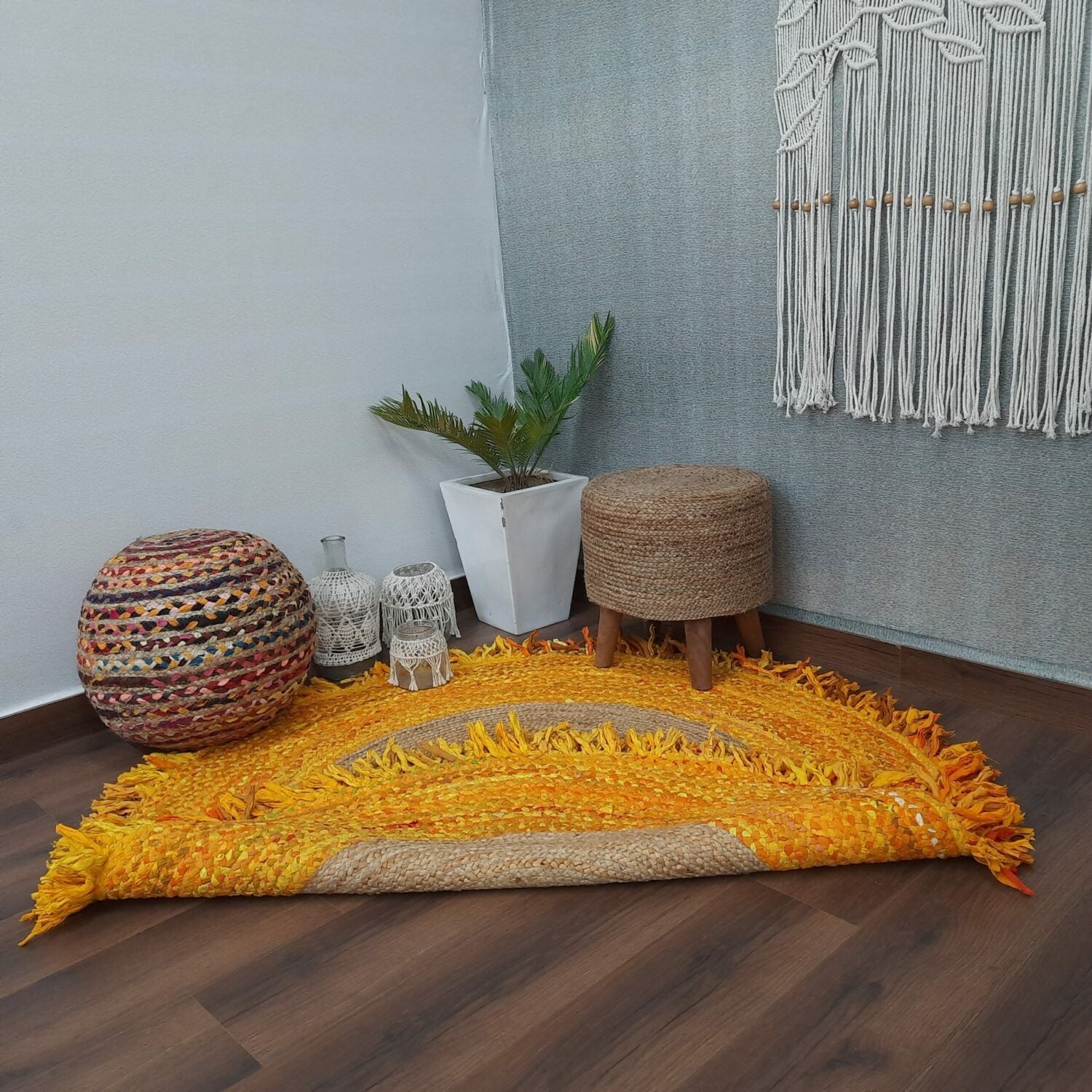 Avioni Home Eco Collection – Handmade Recycled Jute & Cotton Braided Carpet – Yellow Contemporary Eco-friendly