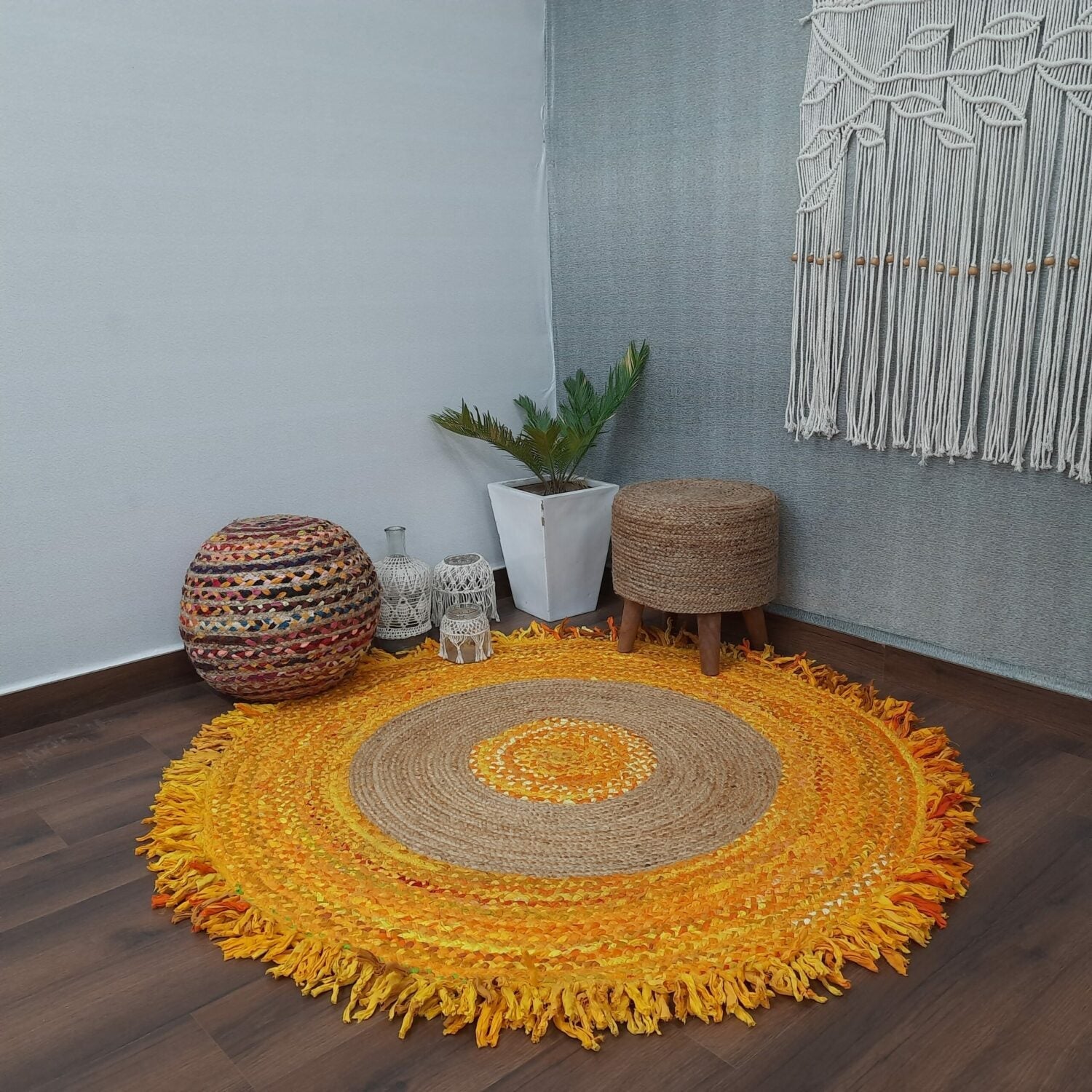 Avioni Home Eco Collection – Handmade Recycled Jute & Cotton Braided Carpet – Yellow Contemporary Eco-friendly
