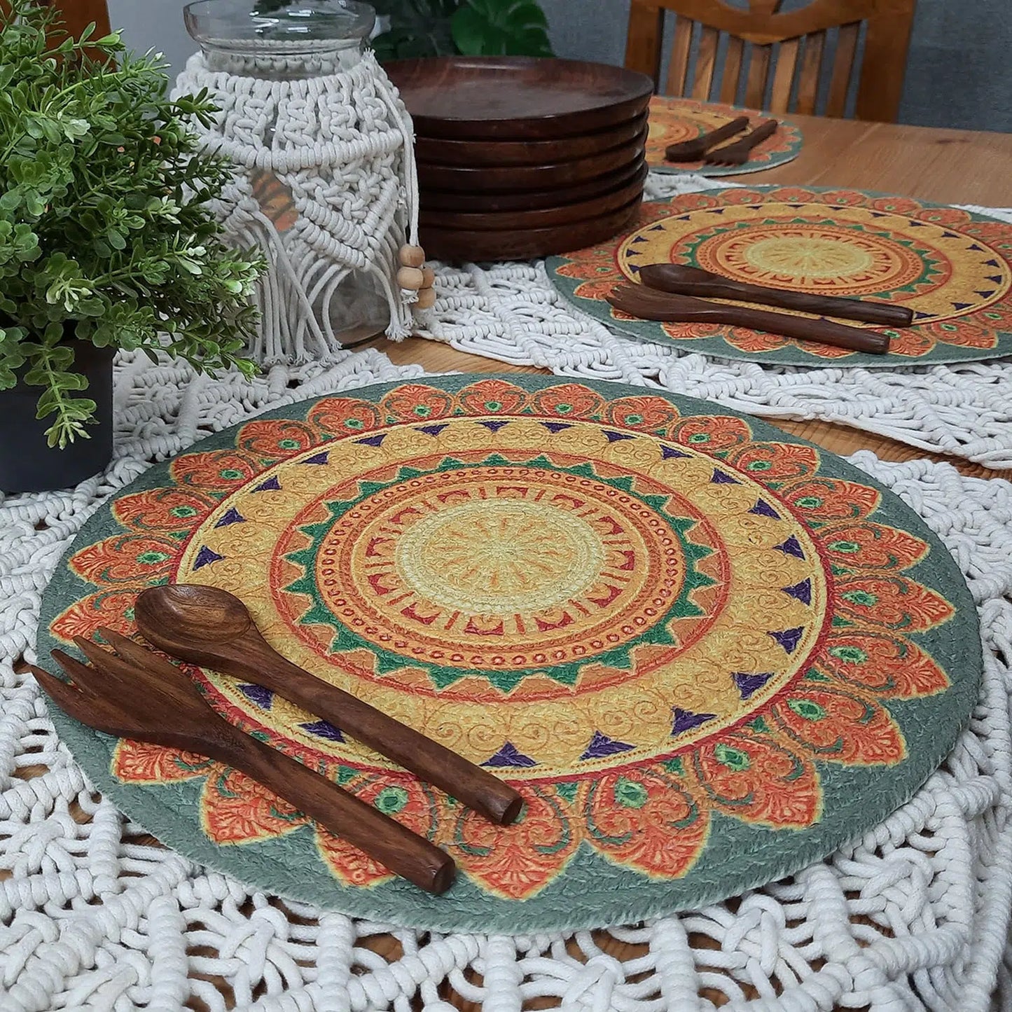 All Natural Round Cotton Braided Mats- “Natura Collection By Avioni”-Washable-Rangoli On Table-Good for Gifting (38 cms Diameter)