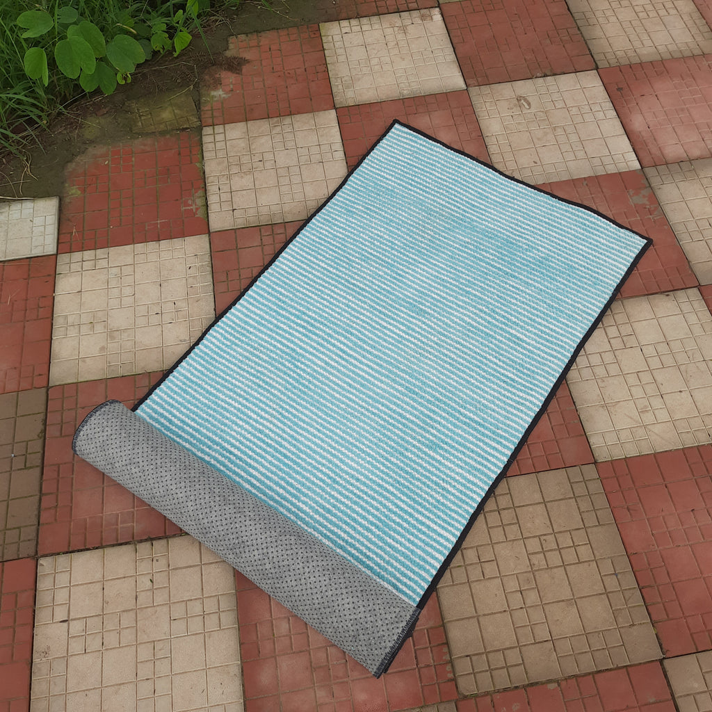 Avioni Luxury Soft Premium Chenille Stripe -Aqua Blue & White- Yoga Mat 60cm x 180cm (~2×5.5 Feet)