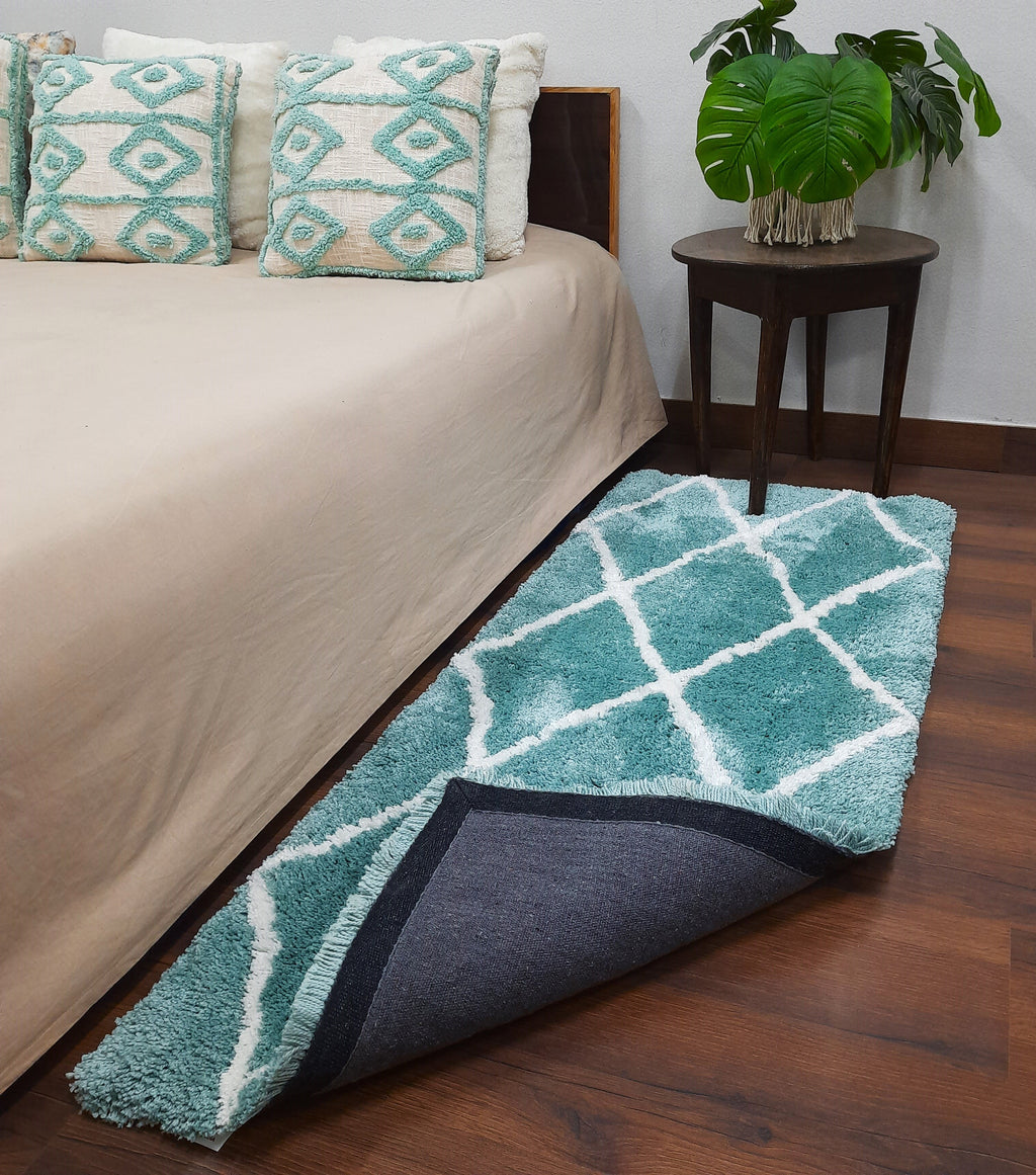 Premium Shaggy Aqua Blue Runner With White Check Design / Bedside Runners by Avioni Home