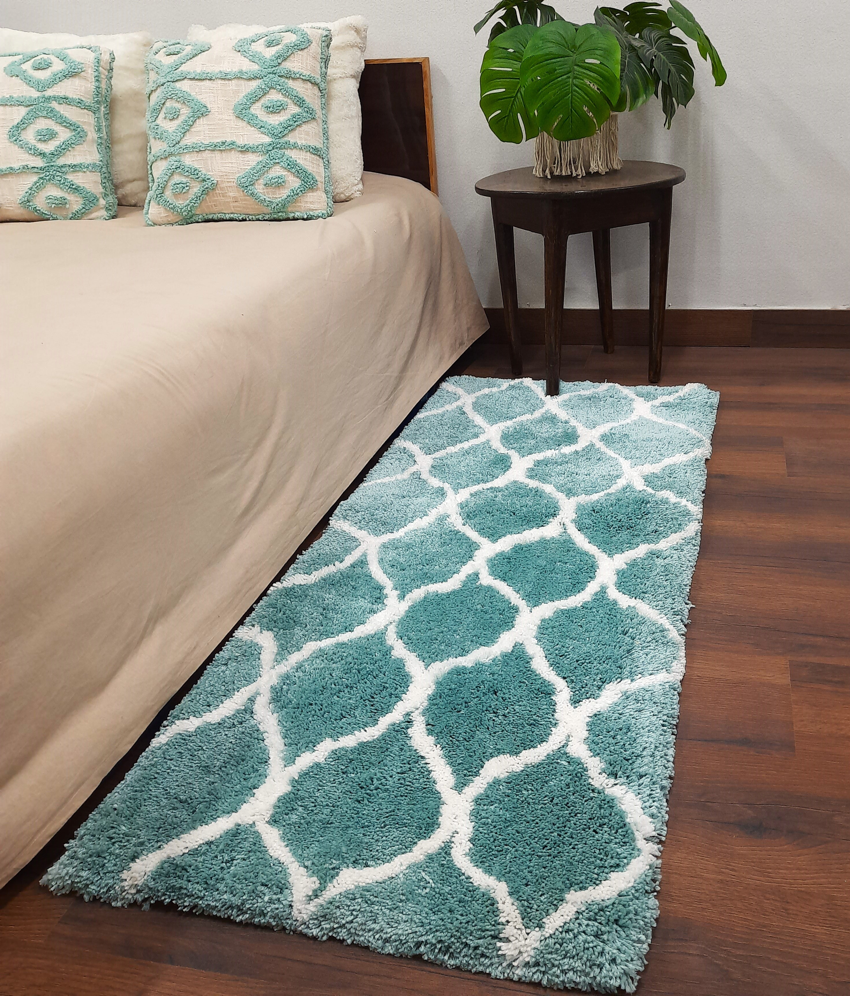 Handloom Shaggy Aqua Blue Carpet With White Moroccan Design /Bedside Runners by Avioni Home