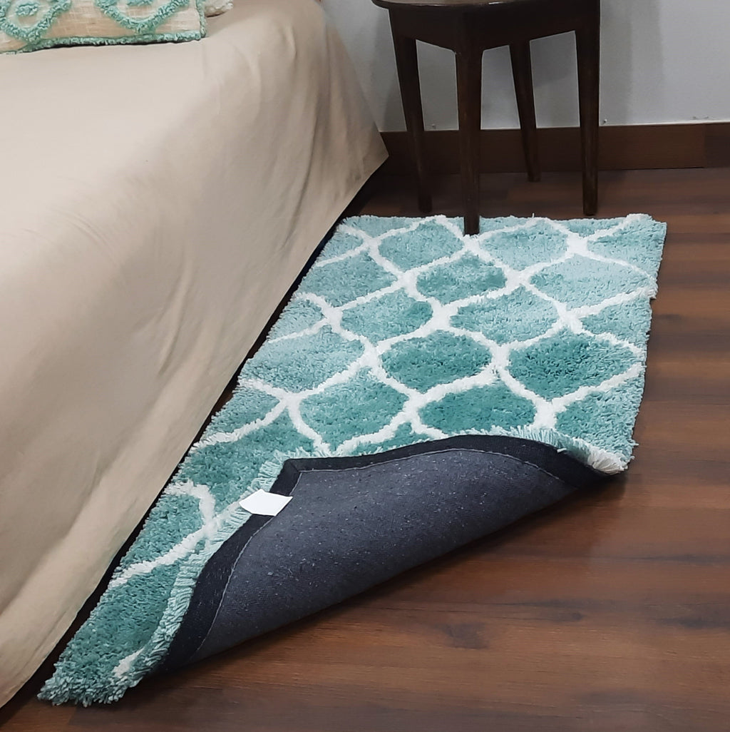 Handloom Shaggy Aqua Blue Carpet With White Moroccan Design /Bedside Runners by Avioni Home