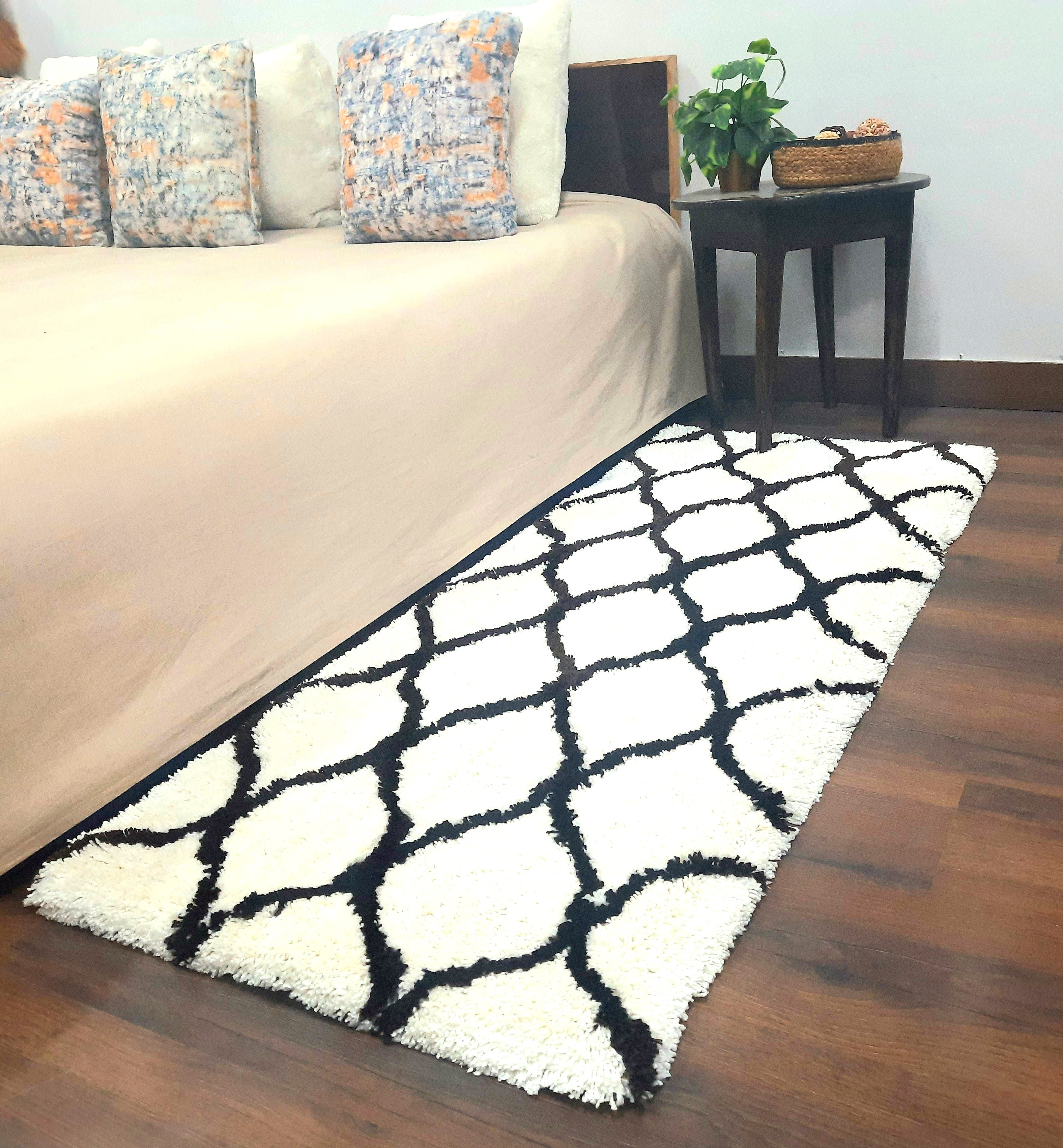 Plush Soft Washable Shaggy White Carpet With Black Moroccan Design /Bedside Runners by Avioni Home