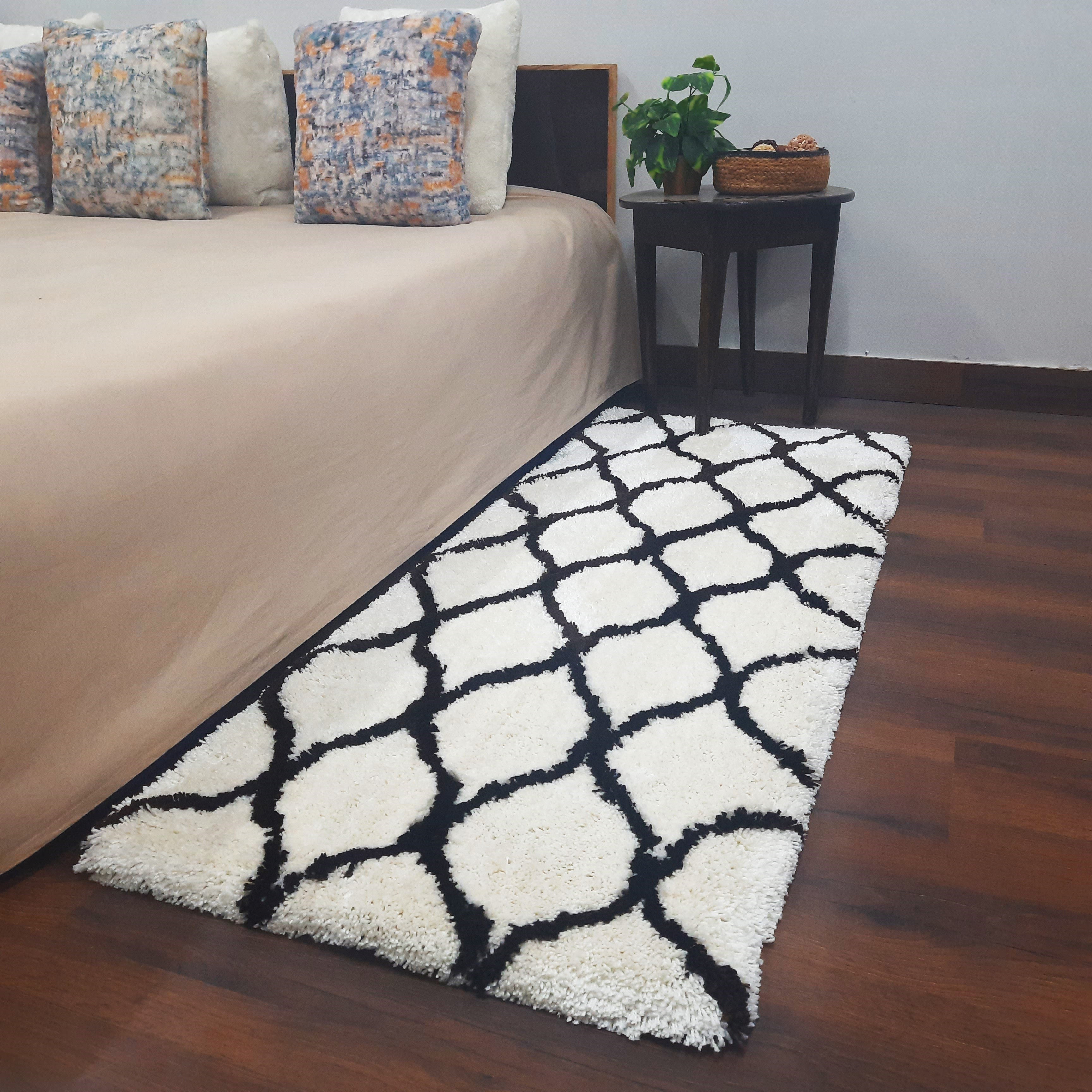 Plush Soft Washable Shaggy White Carpet With Black Moroccan Design /Bedside Runners by Avioni Home