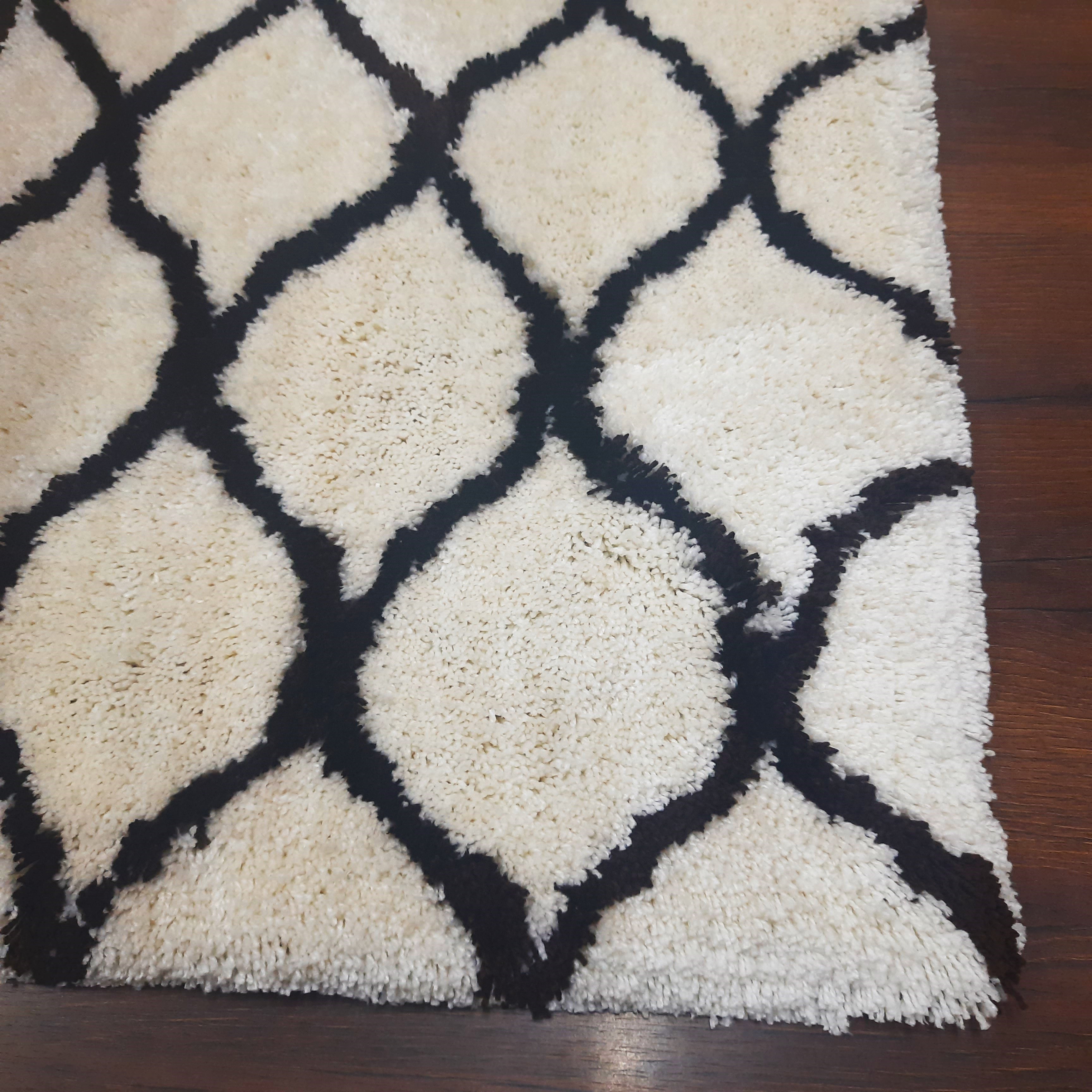 Plush Soft Washable Shaggy White Carpet With Black Moroccan Design /Bedside Runners by Avioni Home