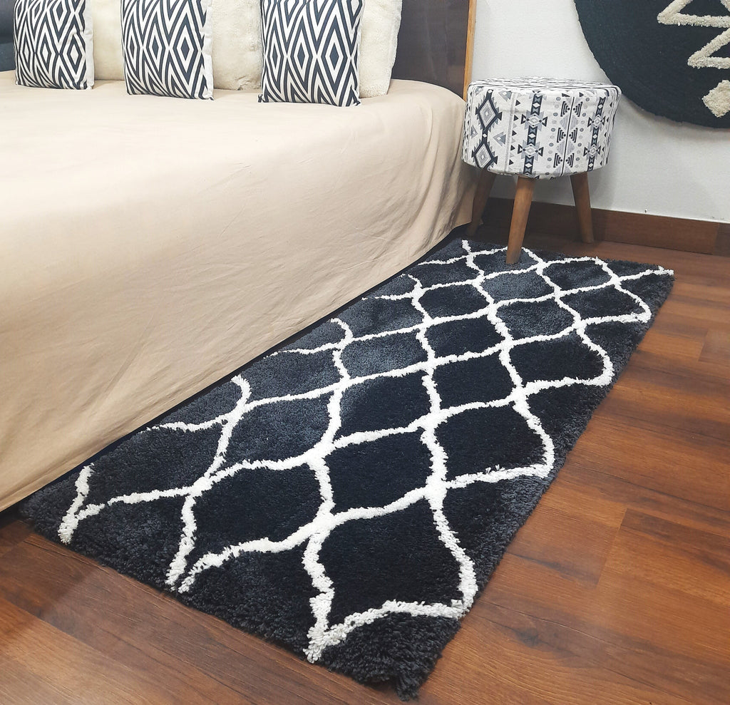 Plush Soft Washable Shaggy Black Carpet With White Moroccan Design /Bedside Runners by Avioni Home
