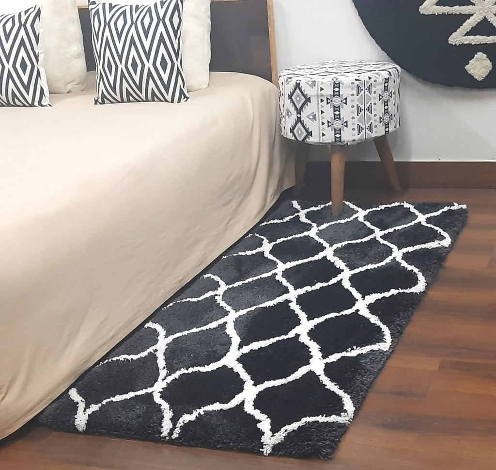 Plush Soft Washable Shaggy Black Carpet With White Moroccan Design /Bedside Runners by Avioni Home