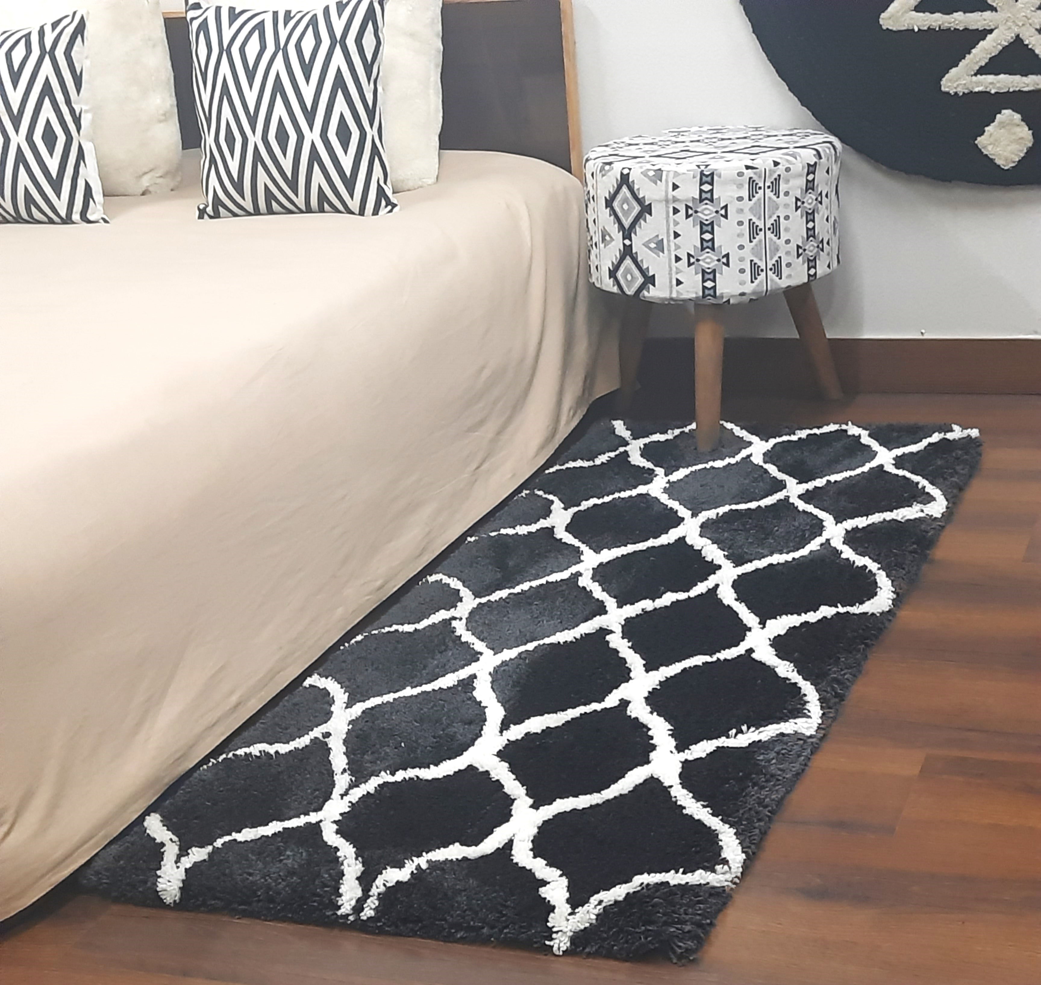 Plush Soft Washable Shaggy Black Carpet With White Moroccan Design /Bedside Runners by Avioni Home
