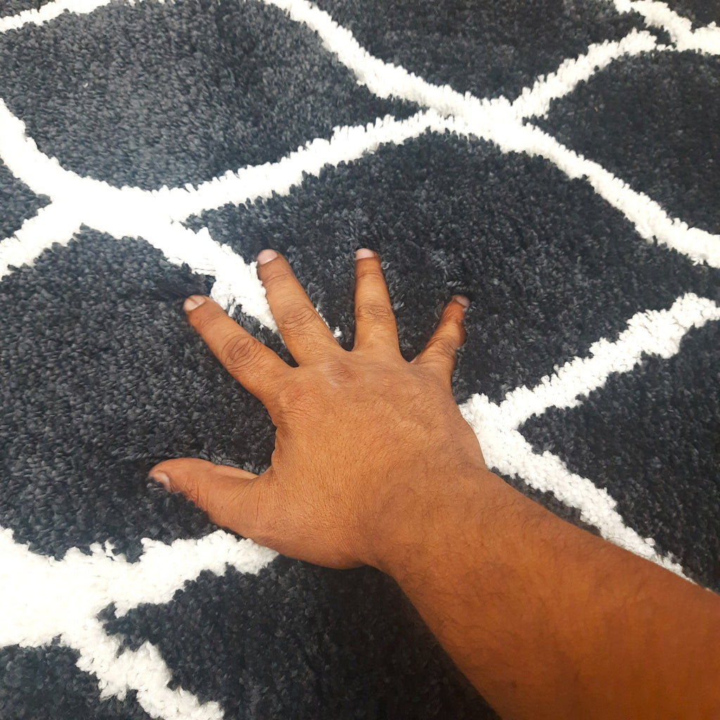 Plush Soft Washable Shaggy Black Carpet With White Moroccan Design /Bedside Runners by Avioni Home