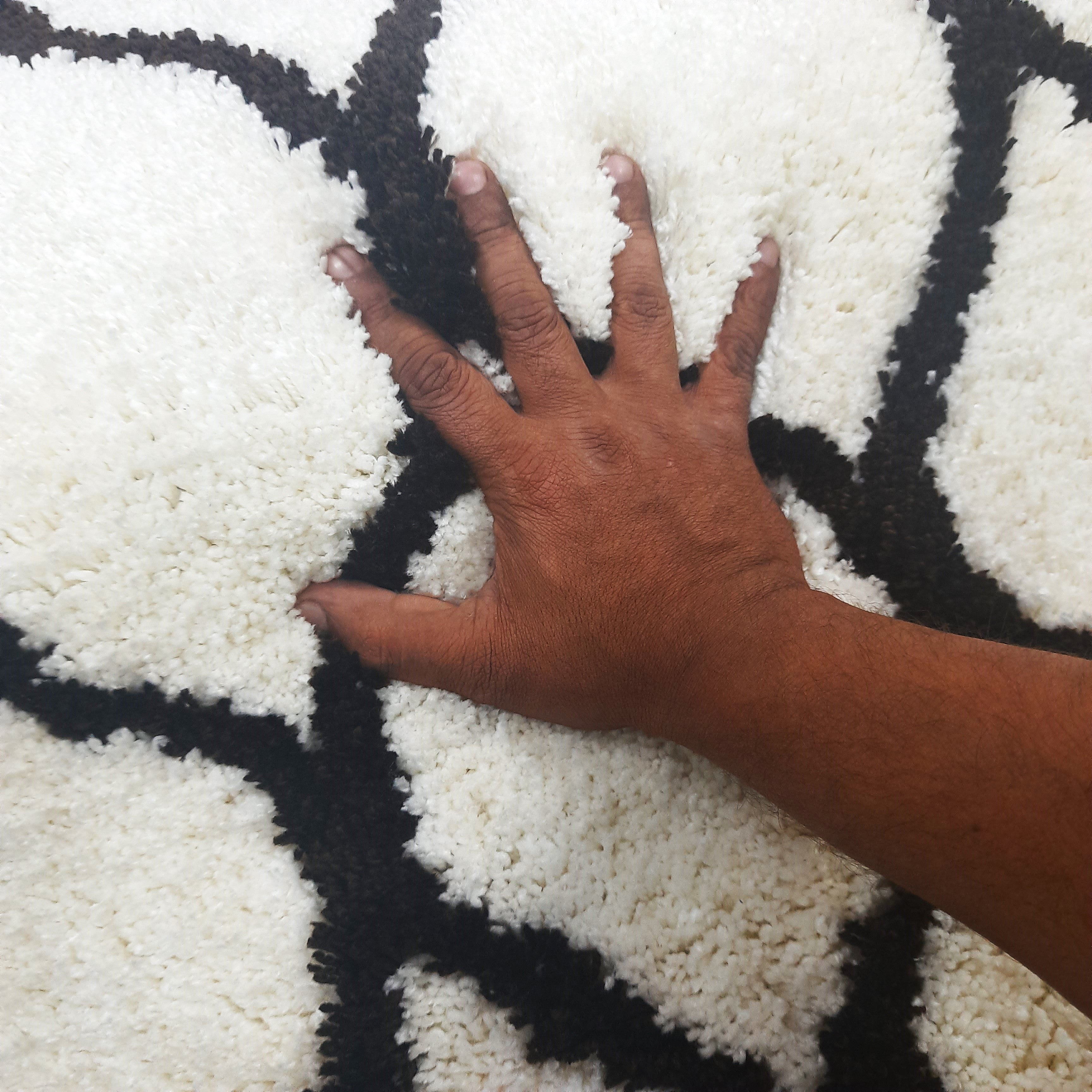 Plush Soft Washable Shaggy White Carpet With Black Moroccan Design /Bedside Runners by Avioni Home