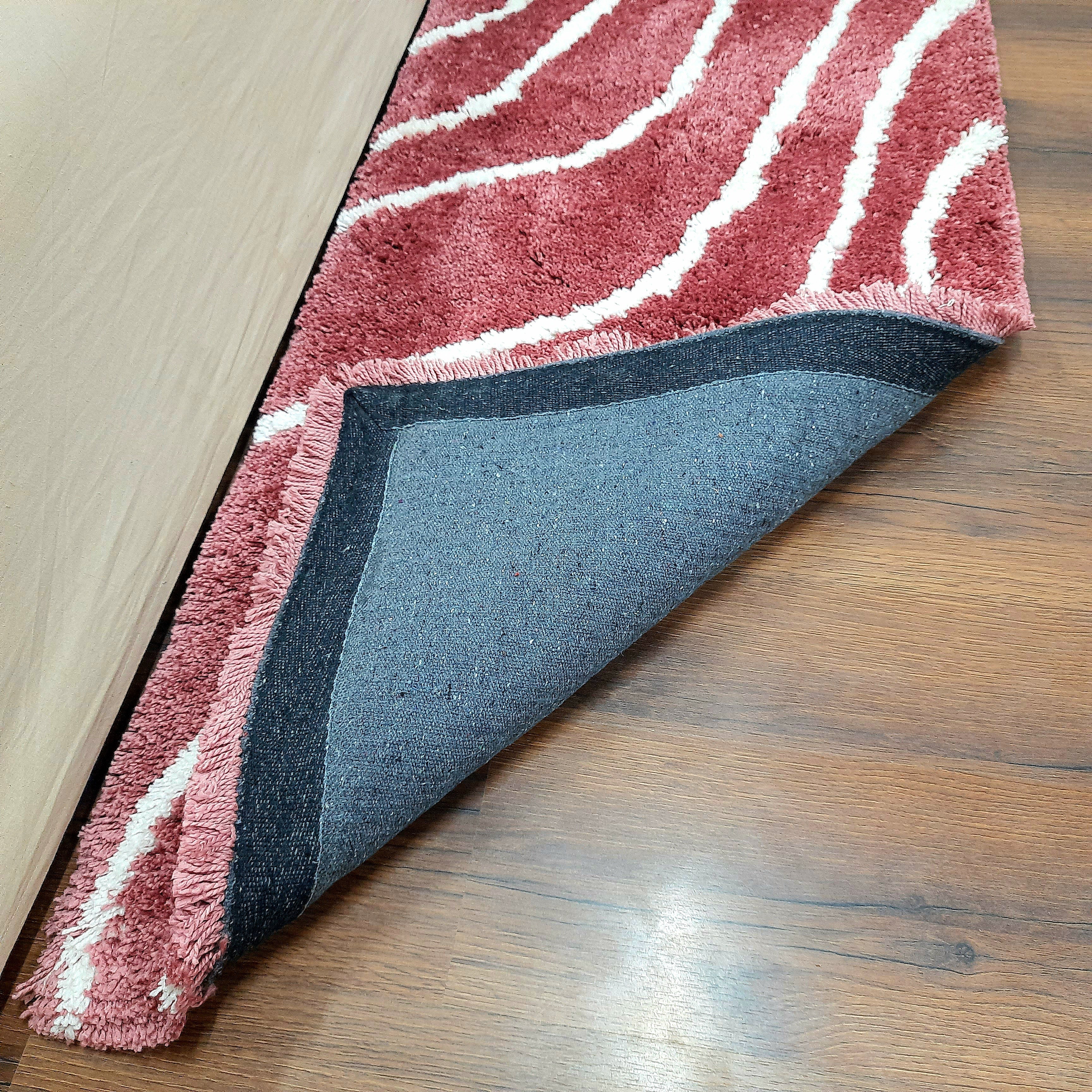 Plush Soft Washable Shaggy Carpet in Wine Color With White Wave Design /Bedside Runners by Avioni Home