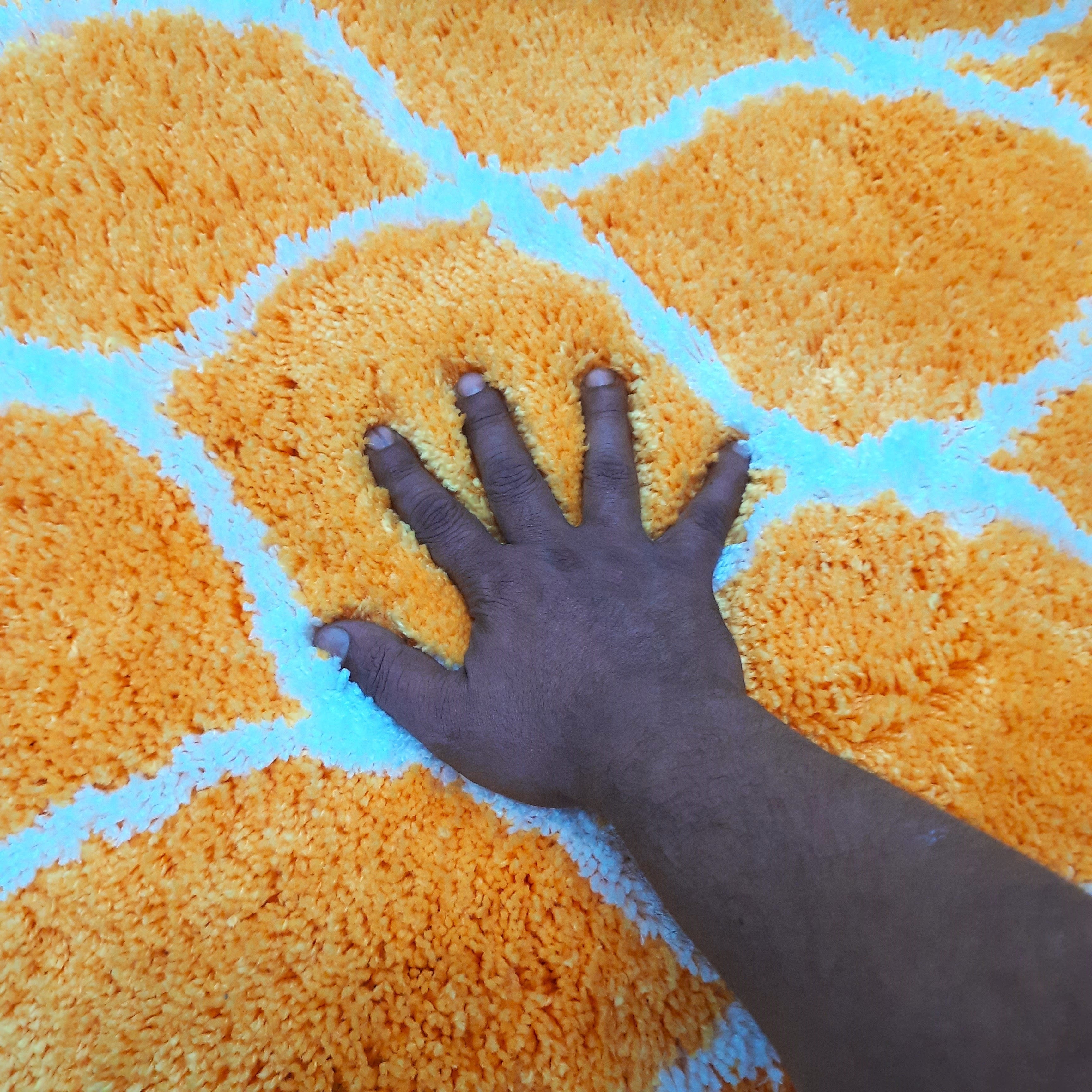 Plush Premium Shaggy Yellow Carpet With White Moroccan Design /Bedside Runners by Avioni Home