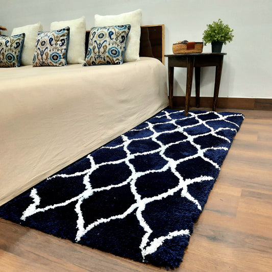 Plush Soft Washable Shaggy Navy Blue Carpet With White Moroccan Design /Bedside Runners by Avioni Home