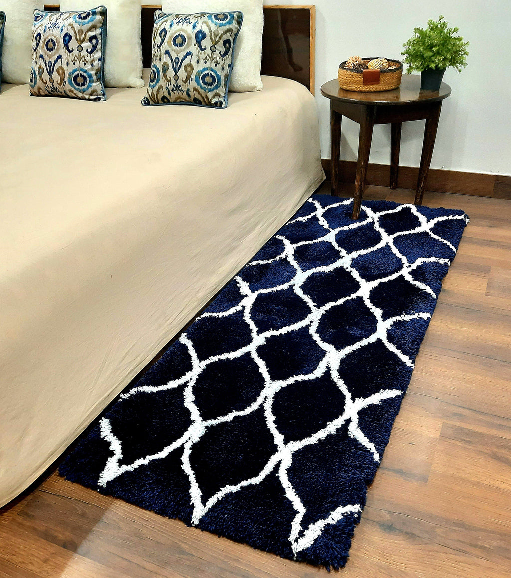 Plush Soft Washable Shaggy Navy Blue Carpet With White Moroccan Design /Bedside Runners by Avioni Home