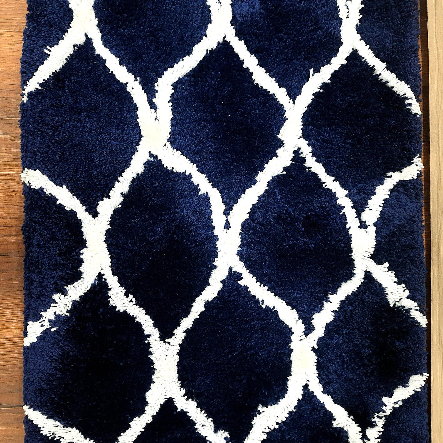 Plush Soft Washable Shaggy Navy Blue Carpet With White Moroccan Design /Bedside Runners by Avioni Home